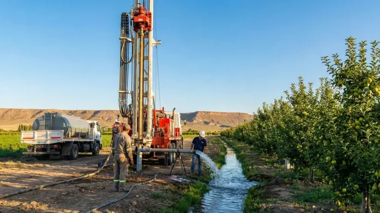Equipo de perforación realizando un pozo de agua de gran caudal para riego por aspersión en una chacra frutícola de Neuquén.