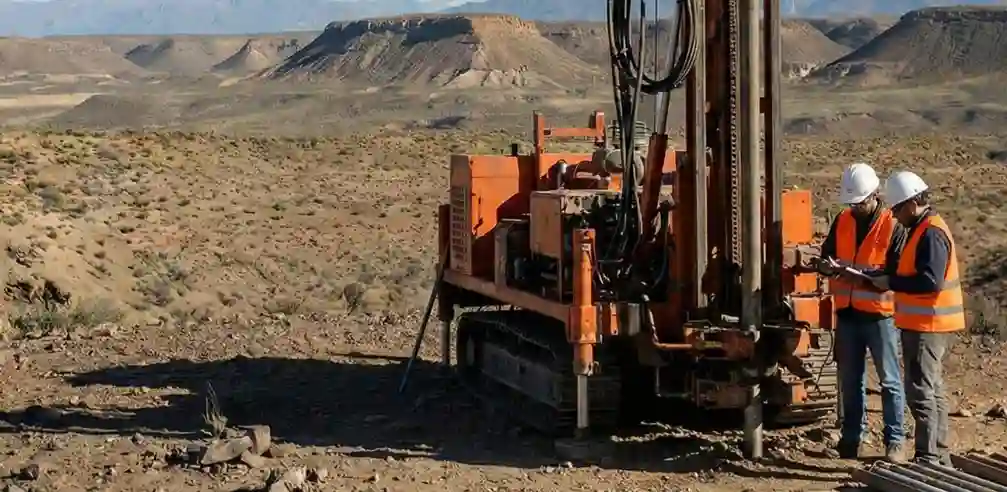 Equipo de ingeniería geotécnica realizando ensayos de suelo con perforadora mecánica en el paisaje de Neuquén.