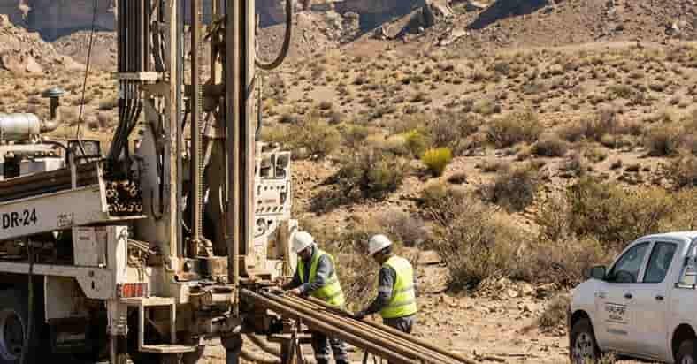 Equipo de rotopercusión realizando perforación en suelo de roca de barda en Añelo para servicios industriales.